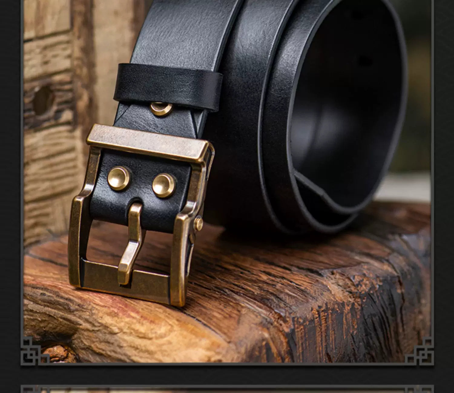 Vintage Black Full-Grain Leather Biker Belt with Brass Buckle – Vintage finish detail