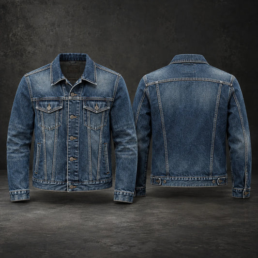 Vintage-blue motorcycle club denim jacket with controlled heritage fading.