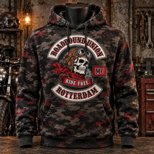 Vintage dark camouflage full-print motorcycle club hoodie with coordinated sleeve and hood artwork.