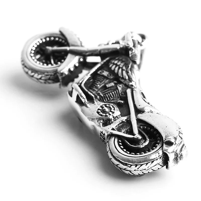 Vintage chopper motorcycle sterling silver biker pendant angled view