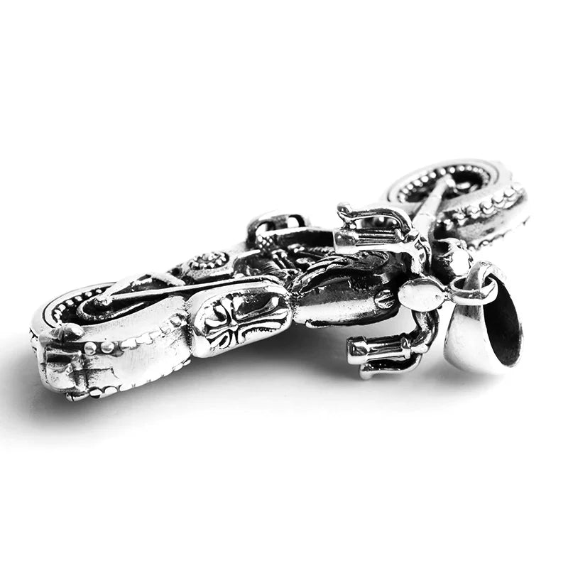 Vintage chopper motorcycle sterling silver biker pendant back view