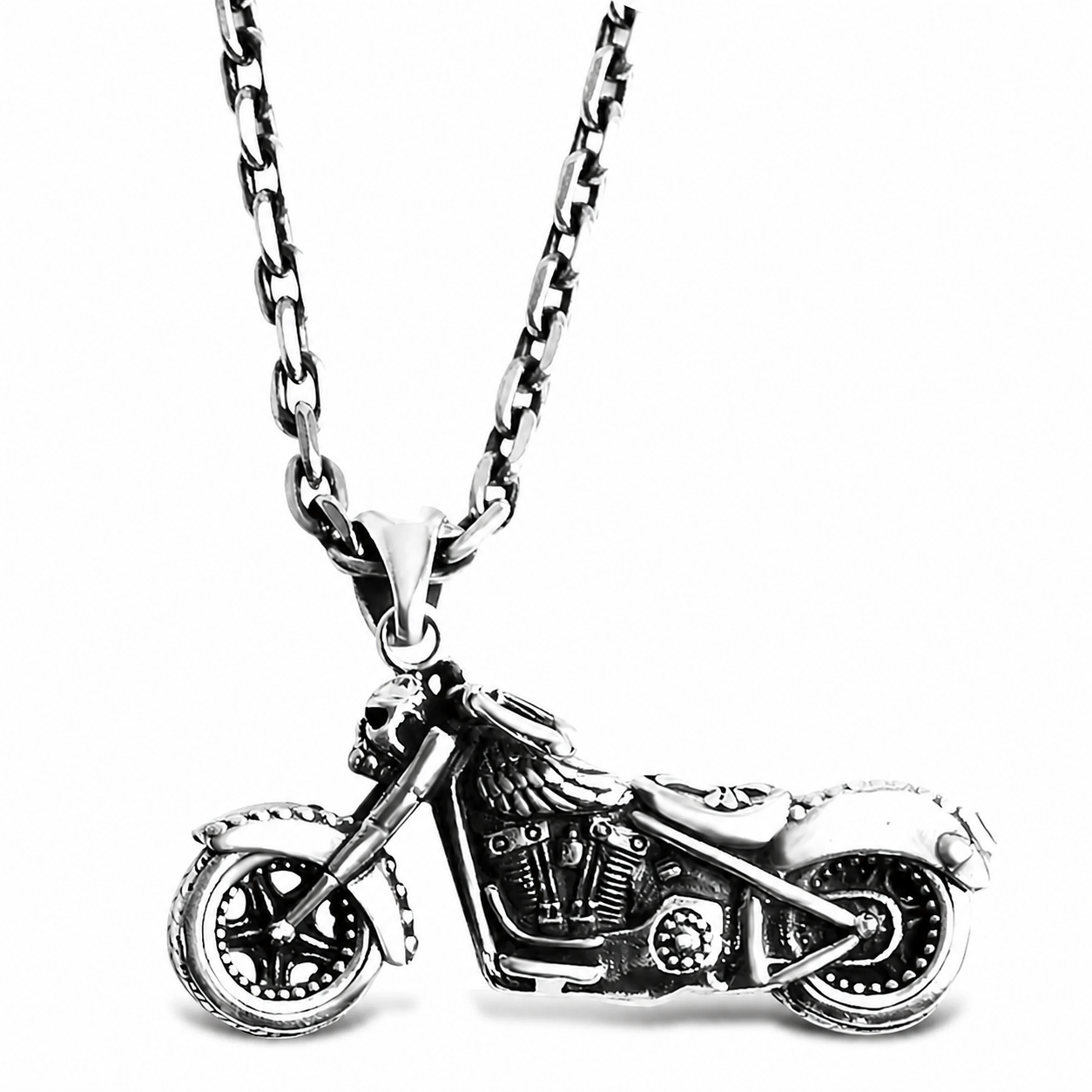 Vintage chopper motorcycle sterling silver biker pendant front view