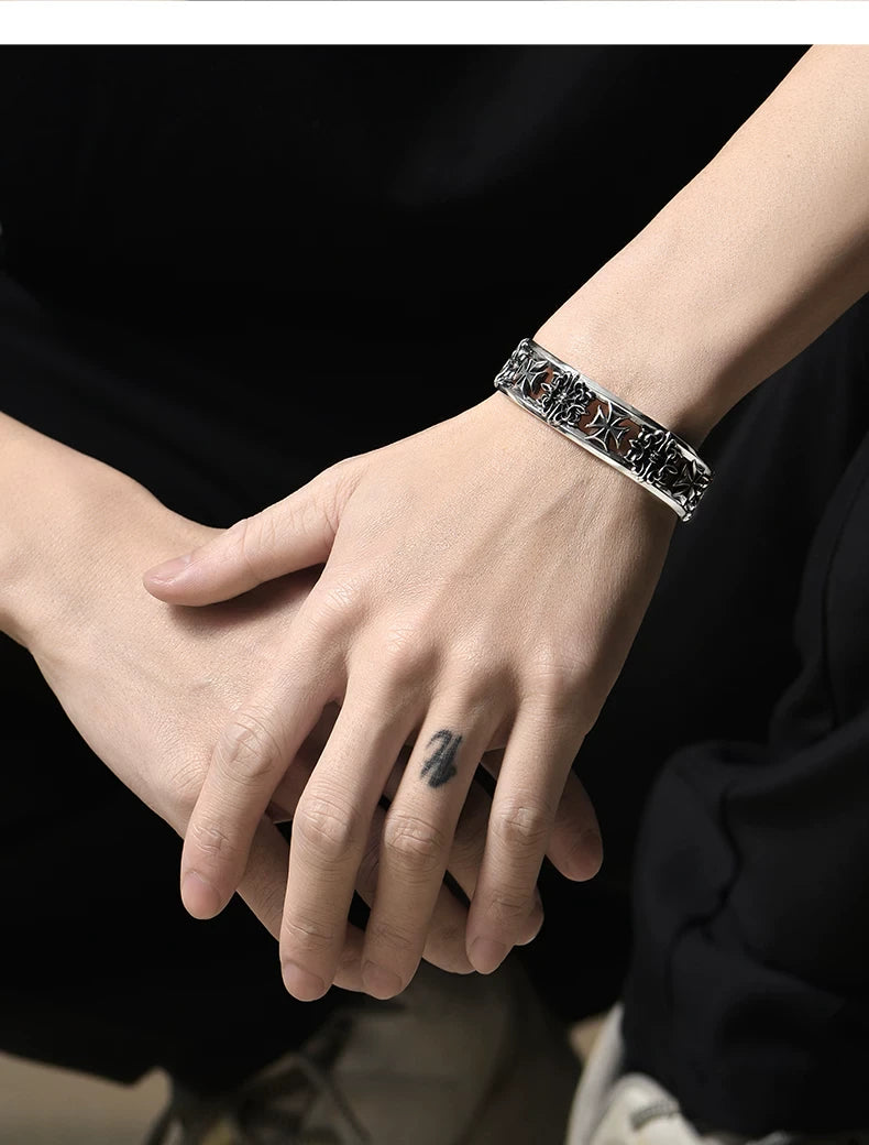 Vintage Cross Sterling Silver Biker Cuff Bracelet – wear view 03