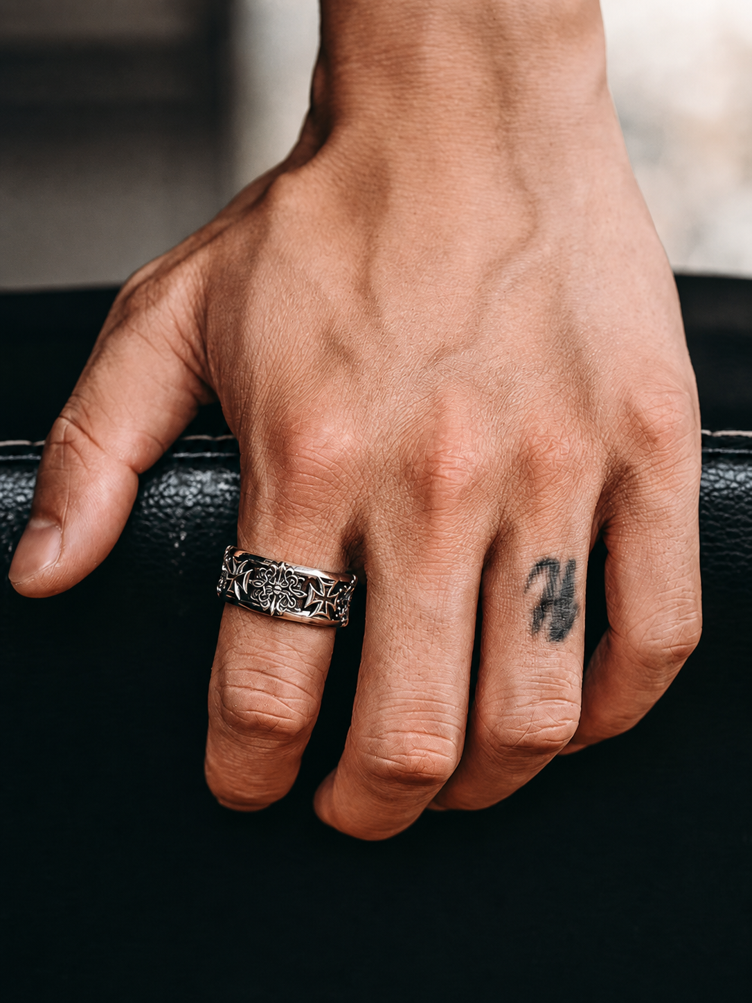 Vintage Cross Sterling Silver Biker Ring - product view 3