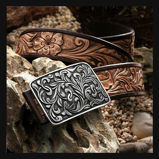 Vintage Scrollwork Silver Leather Biker Belt product view