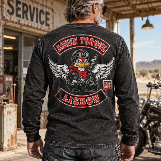 Faded black vintage-washed motorcycle club long-sleeve shirt with heritage artwork.