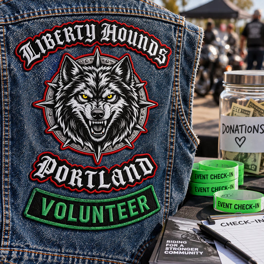 Custom motorcycle club event patch featuring the liberty hounds portland logo for volunteer version.