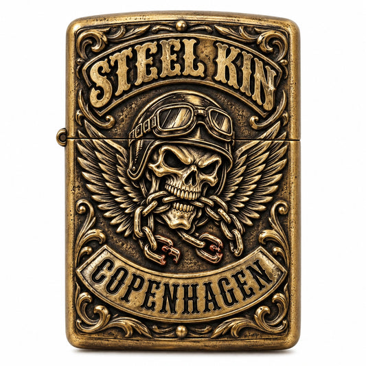 Warm brass motorcycle club lighter with authorized sculpted emblem