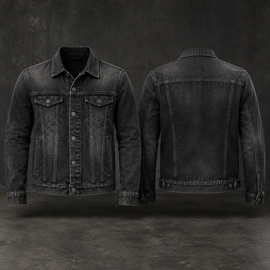 Washed-black motorcycle club denim jacket with subtle high-point fading.