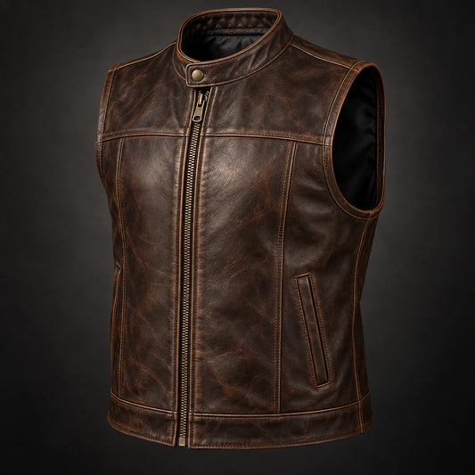 Waxed brown motorcycle club leather vest showing rich pull-up texture and clean construction.