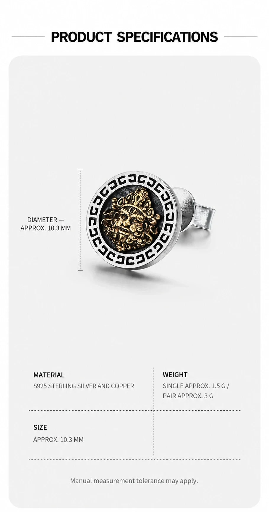Sterling Silver Wealth Deity Stud Earrings - size material and weight