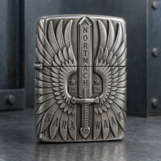 White copper motorcycle club lighter with bold raised authorized logo metalwork