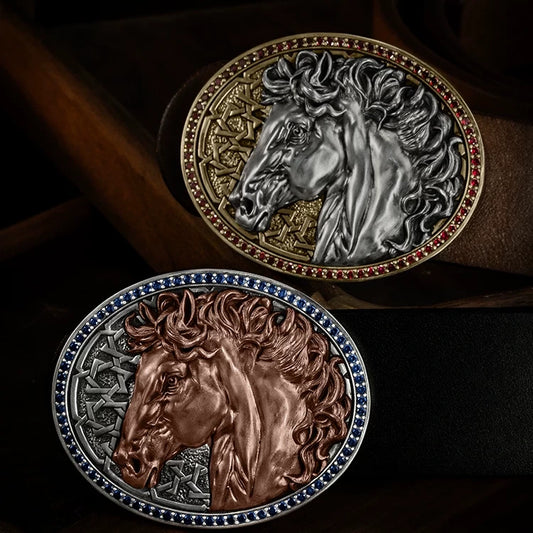White Steed and Red Hare Horse Biker Belt Buckle product view