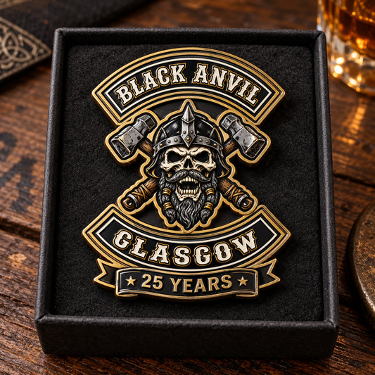 Antique brass 25-year motorcycle club anniversary pin in a presentation box.