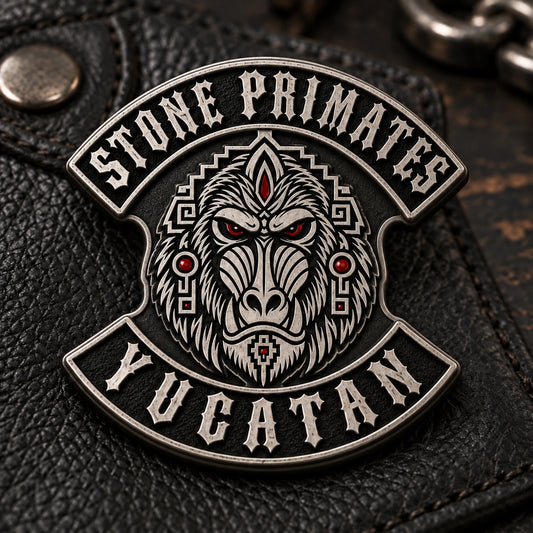 Compact antique silver 2D motorcycle club logo pin with a natural emblem outline.