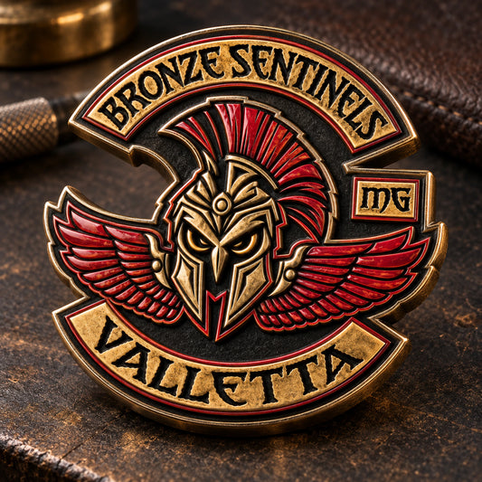 BRONZE SENTINELS 3D metal club pin with a rounded helmeted face and layered sculpted wings on a jeweler workbench.
