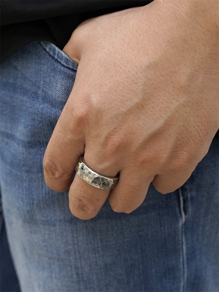 Wide Hammered 925 Sterling Silver Biker Band Ring product view 2