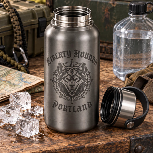 gunmetal wide-mouth insulated bottle with ice-ready opening prepared as motorcycle club riding gear.