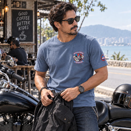 Wild Cards Penang rider wearing a soft 180 GSM everyday-weight motorcycle club T-shirt with a small chest emblem and compact sleeve detail.