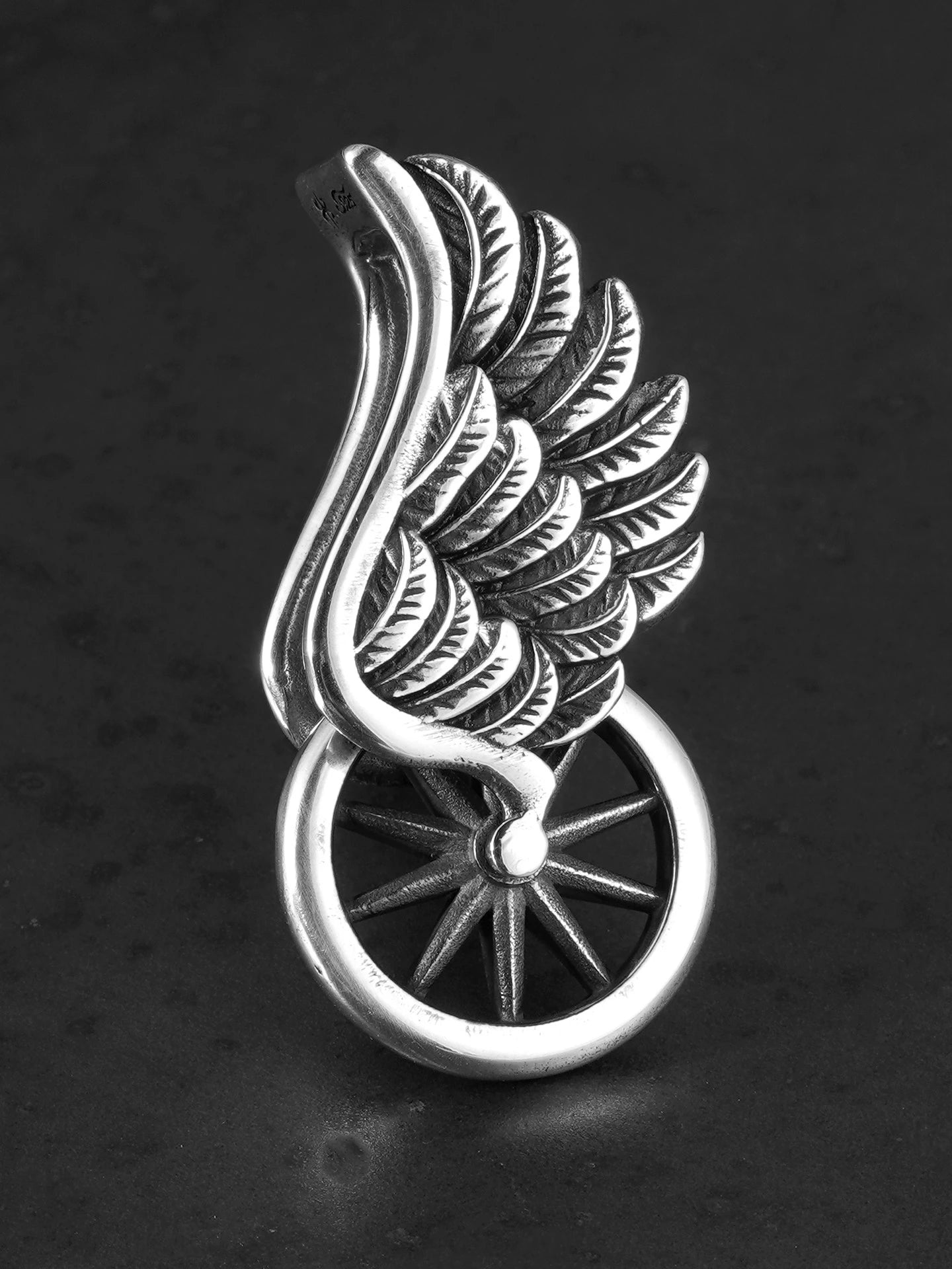 winged motorcycle wheel sterling silver biker pendant product view 1