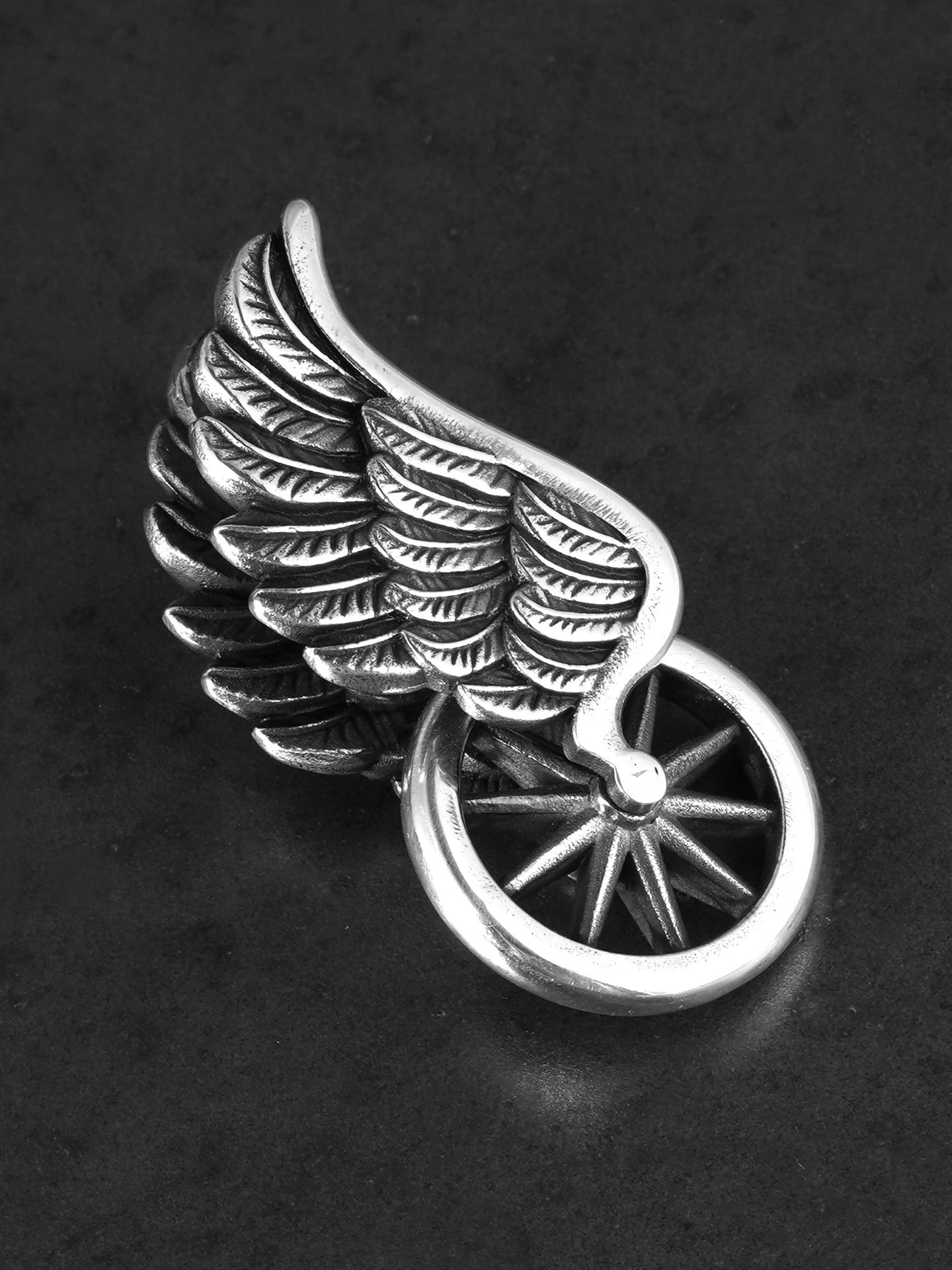 winged motorcycle wheel sterling silver biker pendant product view 2