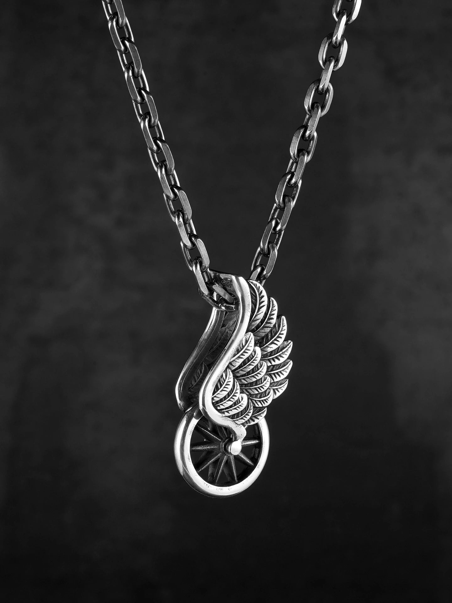 winged motorcycle wheel sterling silver biker pendant product view 3