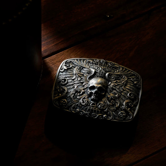 winged skull sterling silver biker belt buckle product view