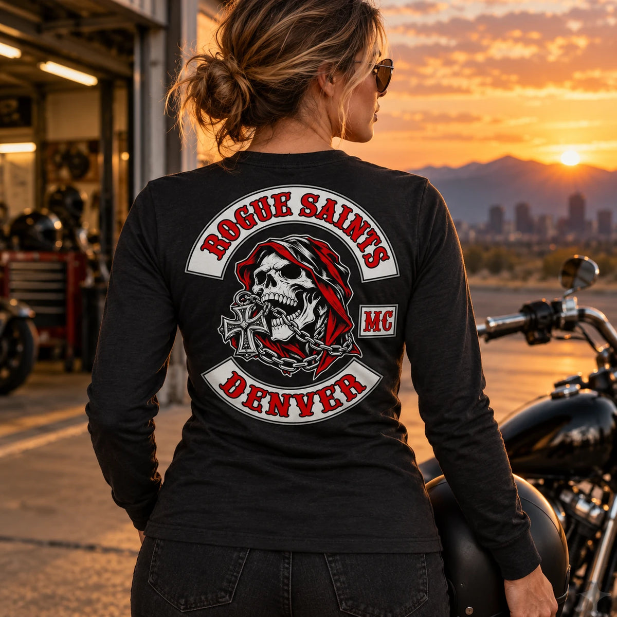 Woman rider wearing a properly fitted custom motorcycle club long-sleeve shirt.
