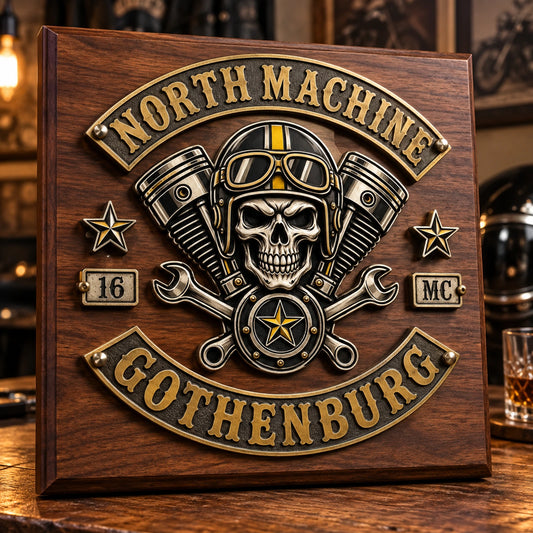 Wood and metal motorcycle club plaque combining a walnut base with a dimensional metal emblem.