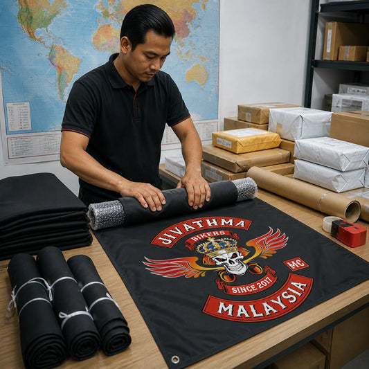 A shipping specialist prepares protected custom motorcycle club flags for international delivery.