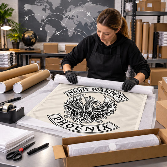 A shipping specialist prepares protected custom motorcycle club flags for international delivery.