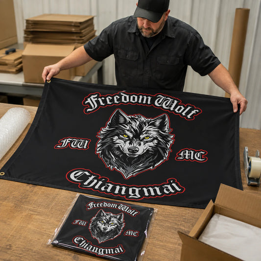 Motorcycle club members use a custom rectangular flag for worldwide club support in a realistic American V-twin setting.