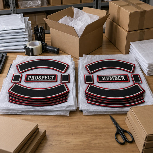 Worldwide club patch shipping shown as a custom motorcycle club membership patch product.