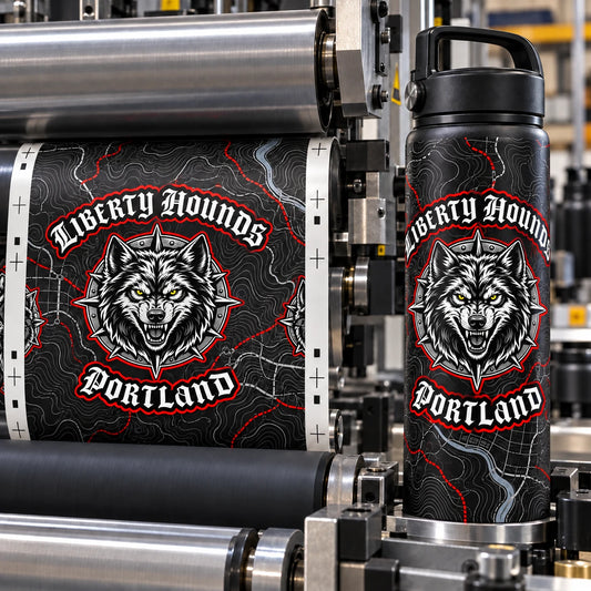 large-area rotary wrap print integrating the exact supplied logo with a road-map background around a compatible straight-sided touring bottle, photographed in a complete rectangular workshop scene whose background fills every edge and corner for a motorcycle club.