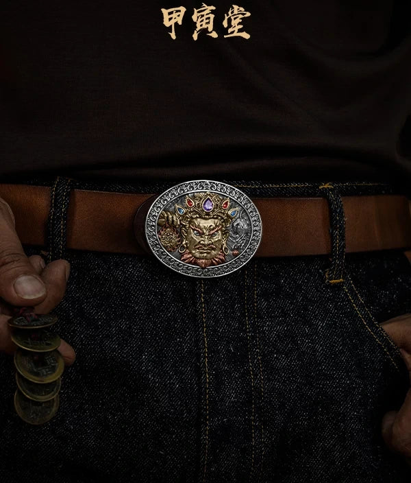 Yellow God of Wealth Biker Belt Buckle detail view 1