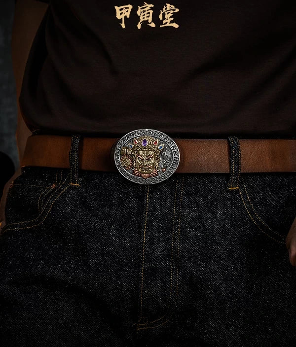 Yellow God of Wealth Biker Belt Buckle detail view 2