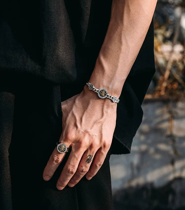 Yellow Wealth Deity Sterling Silver Biker Bracelet – design view 1