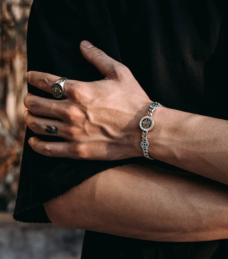 Yellow Wealth Deity Sterling Silver Biker Bracelet – design view 2