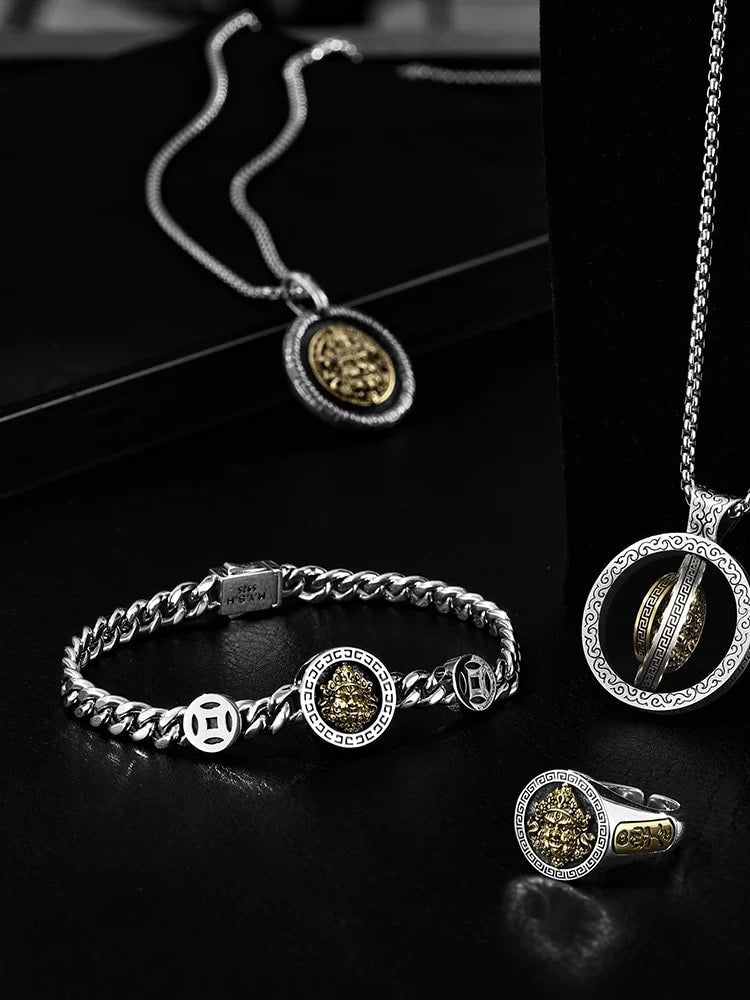 Yellow Wealth Deity Sterling Silver Biker Bracelet – design view 3