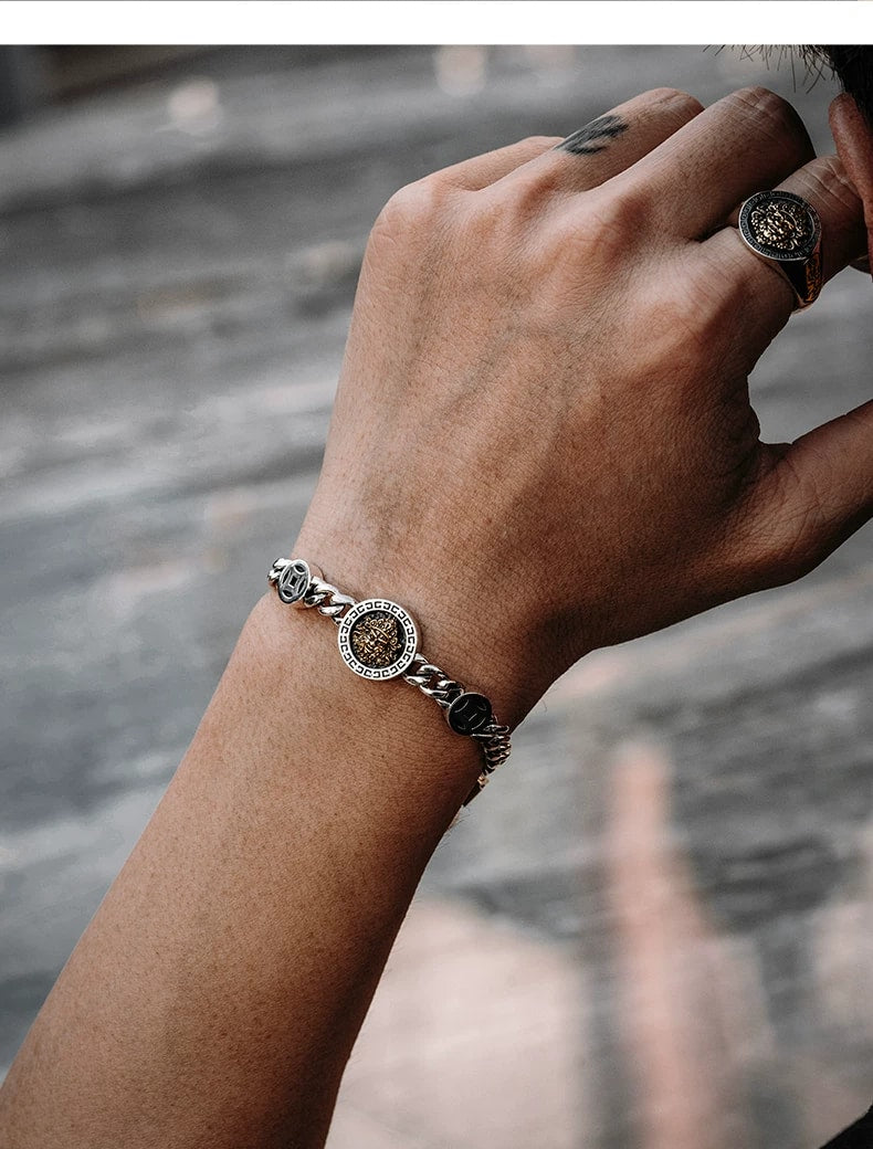 Yellow Wealth Deity Sterling Silver Biker Bracelet – design view 4