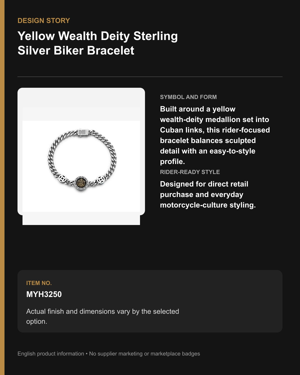 Yellow Wealth Deity Sterling Silver Biker Bracelet – English design story