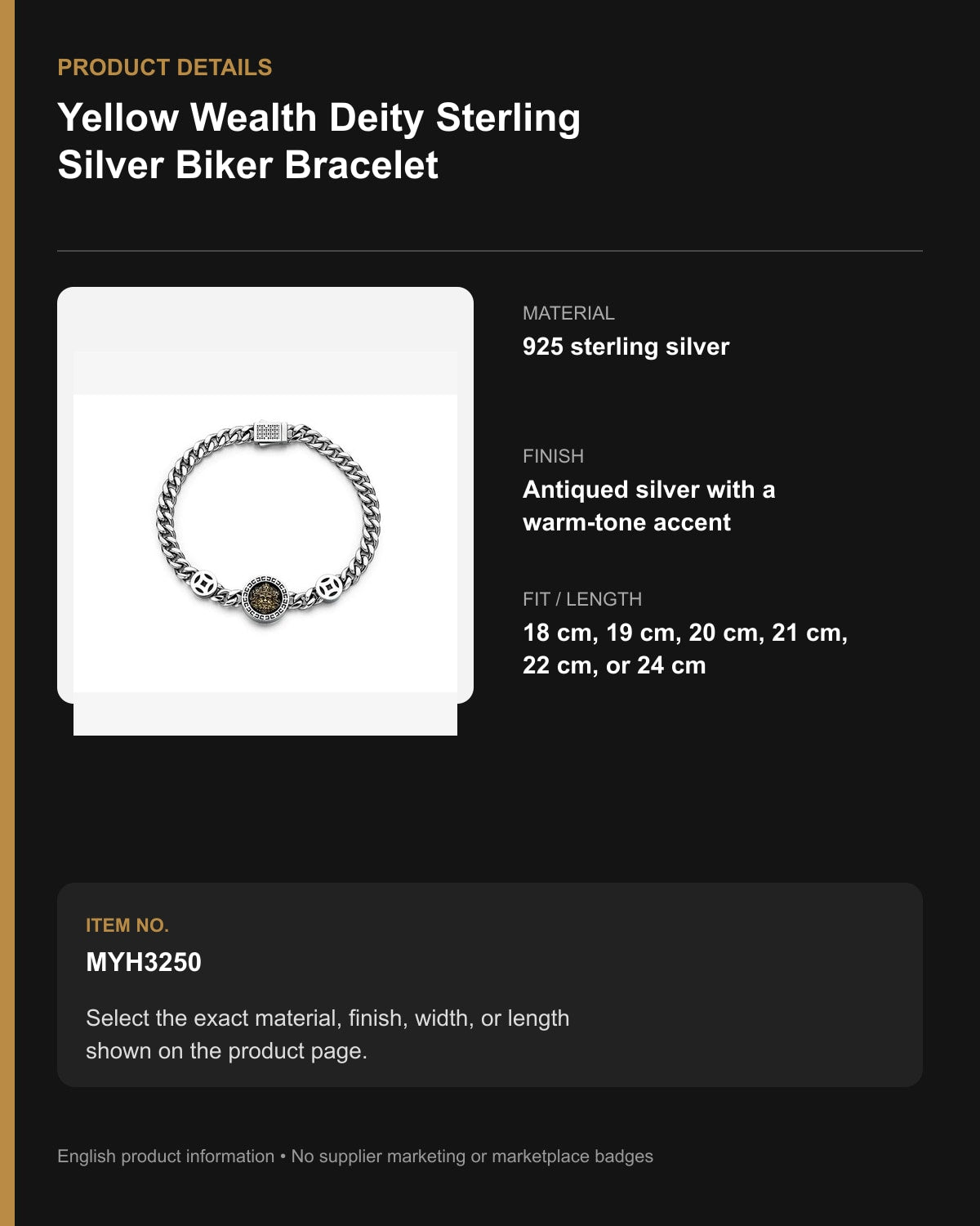 Yellow Wealth Deity Sterling Silver Biker Bracelet – English product details