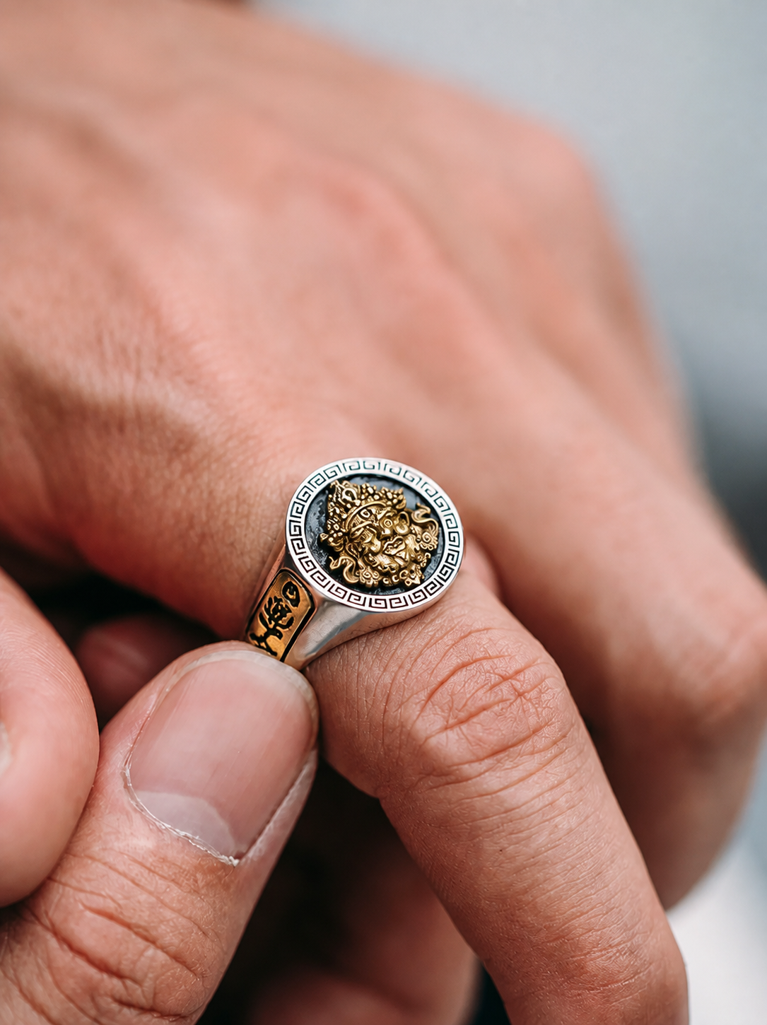Yellow Wealth God Sterling Silver Biker Ring - product view 4