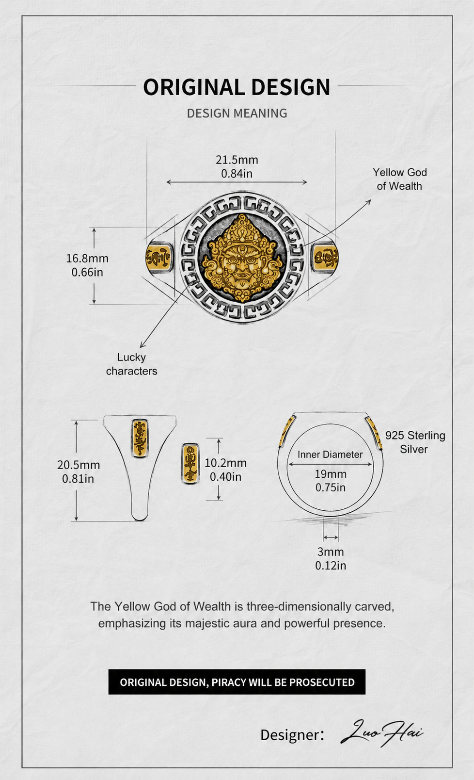 Yellow Wealth God Sterling Silver Biker Ring - English product detail 6