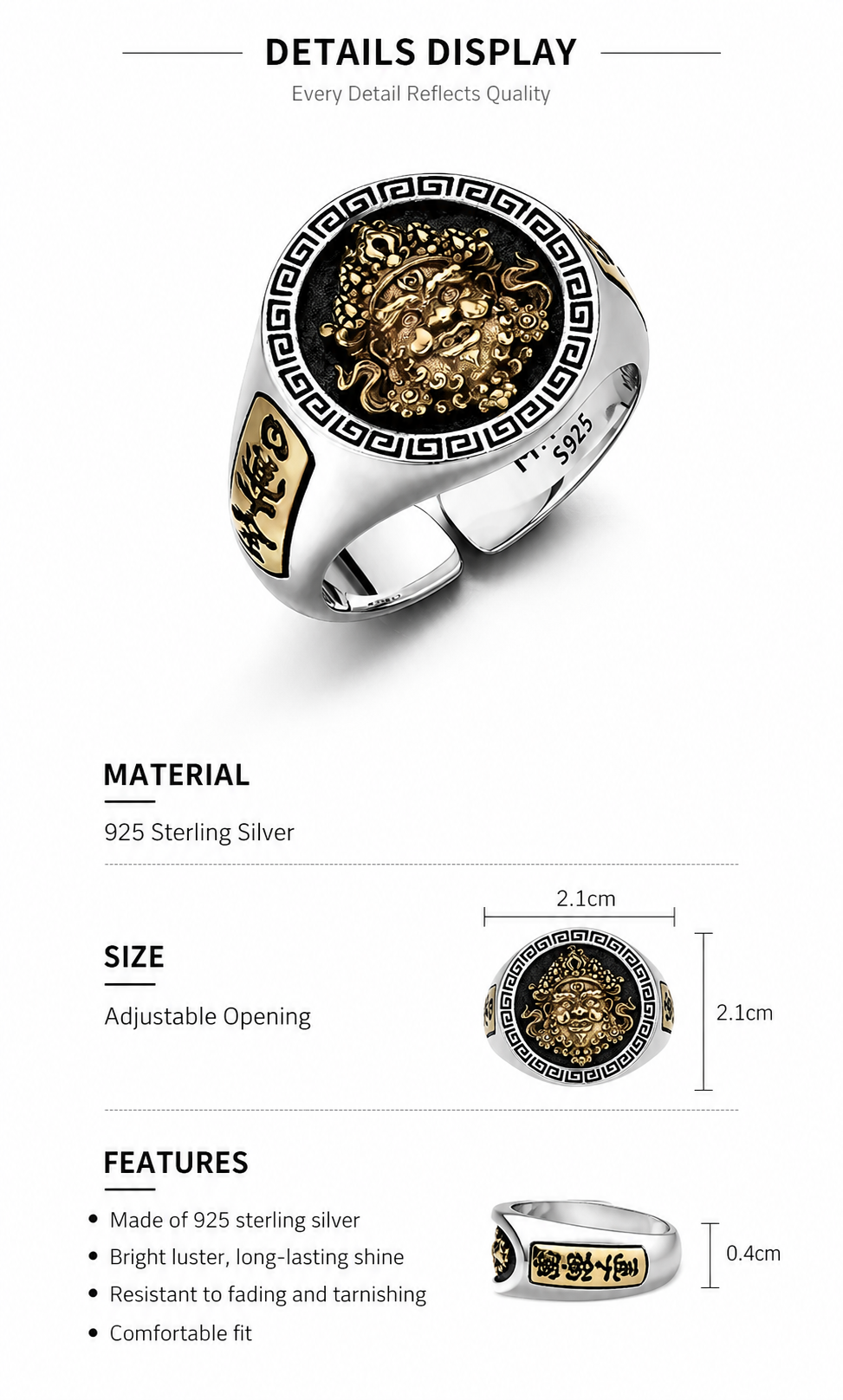 Yellow Wealth God Sterling Silver Biker Ring - English product detail 8
