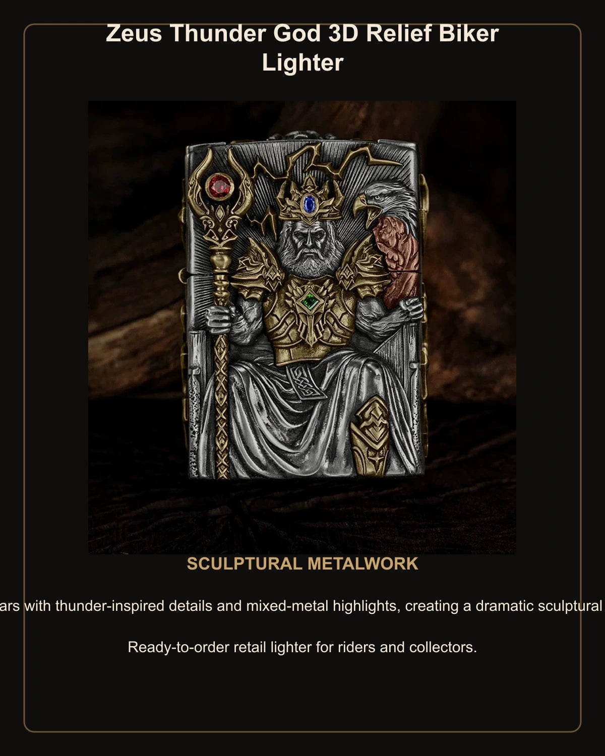 Zeus Thunder God 3D Relief Biker Lighter – English design story