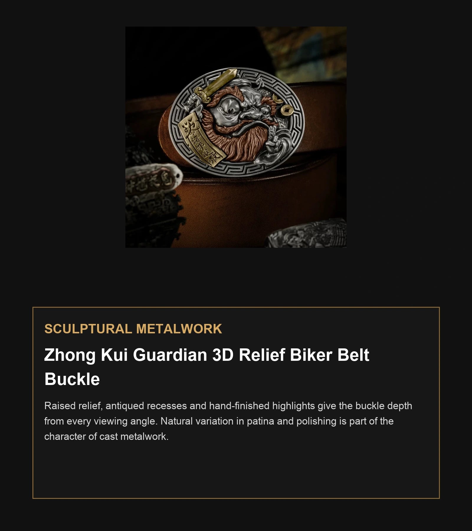 Zhong Kui Guardian 3D Relief Biker Belt Buckle craftsmanship guide in English