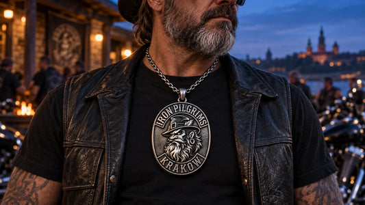 Mature motorcycle club rider wearing a custom Iron Pilgrims zinc alloy pendant with a black leather vest.