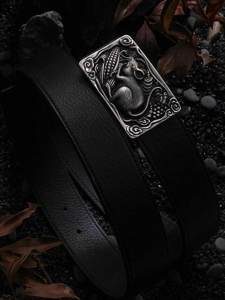 Zodiac Golden Rat Silver Deerskin Biker Belt — alternate product view 2