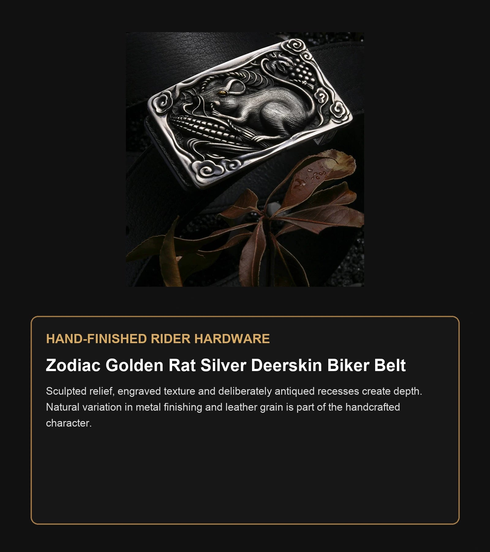 Zodiac Golden Rat Silver Deerskin Biker Belt craftsmanship guide in English